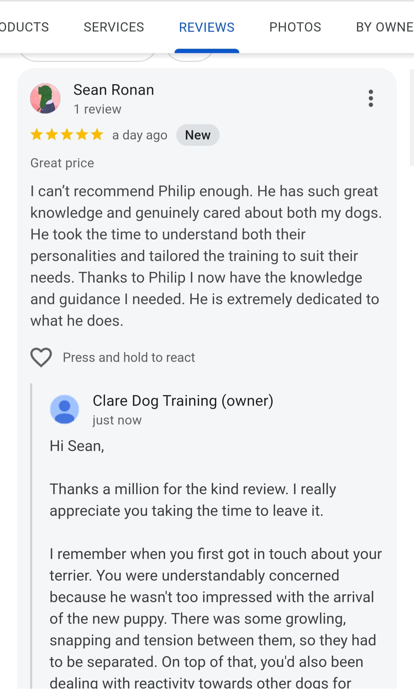 Five-star feedback from Sean following support for Lucy and Harvey