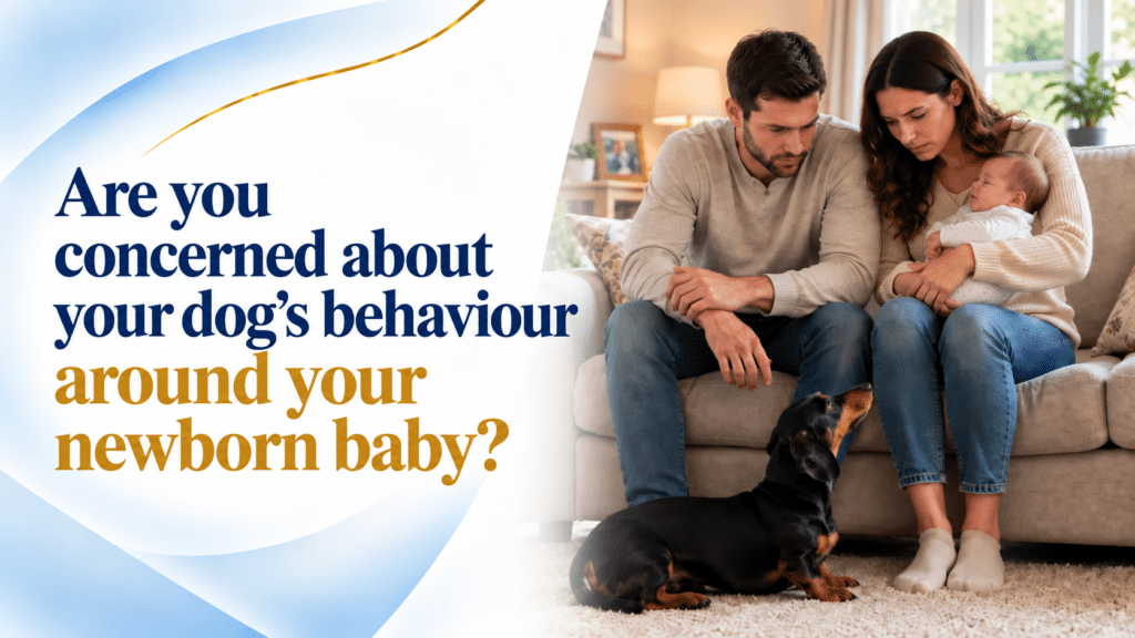 Dachshund watching closely as parents hold their newborn baby on the sofa at home, dog and new baby safety and behaviour support from an Irish dog behaviourist