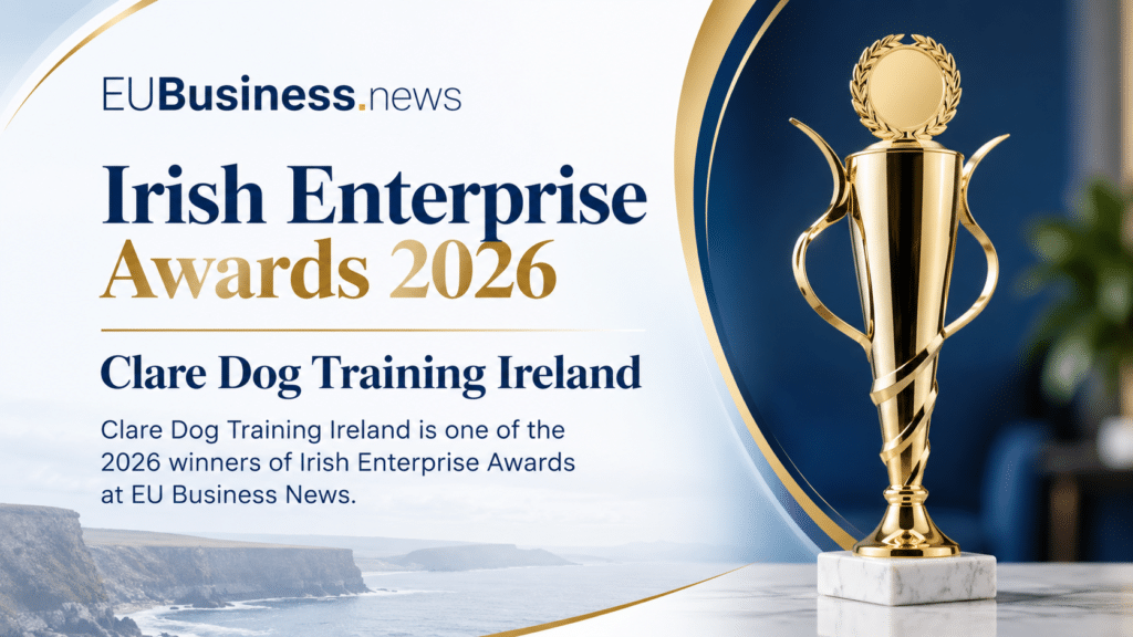 Gold trophy for the Irish Enterprise Awards 2026, won by Clare Dog Training Ireland at EU Business News