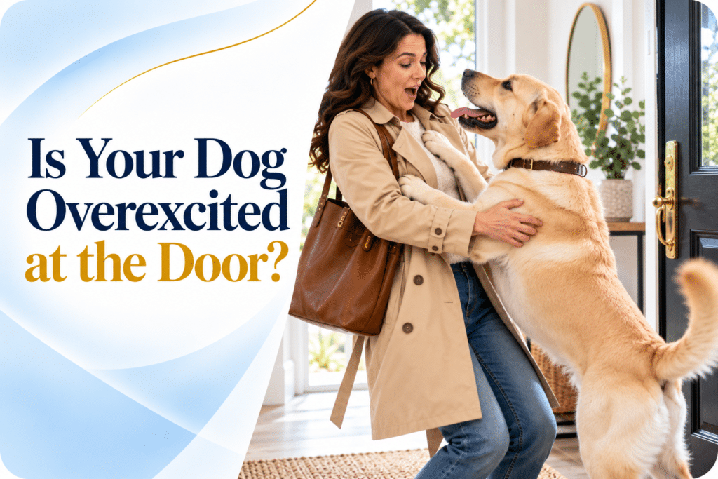 Yellow Labrador jumping up at a woman arriving through the front door, overexcited greeting behaviour training in Ireland