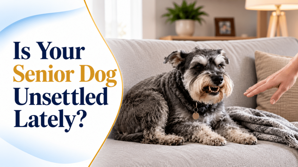 Senior Schnauzer growling and baring teeth on the sofa as a hand reaches towards it, senior dog behaviour change support in Ireland