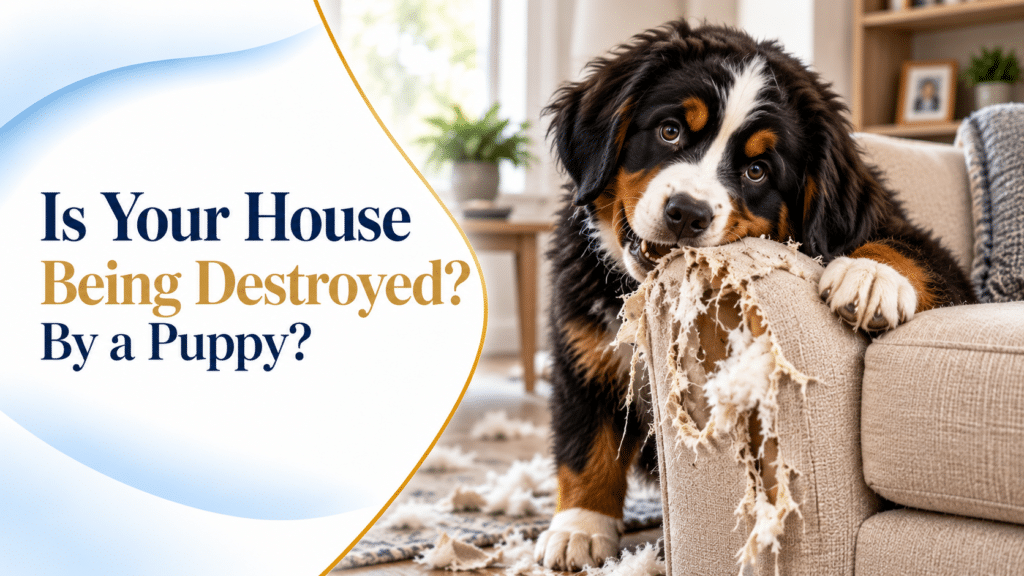 Bernese Mountain Dog puppy chewing an armchair apart with stuffing scattered across the floor, destructive puppy training in Ireland