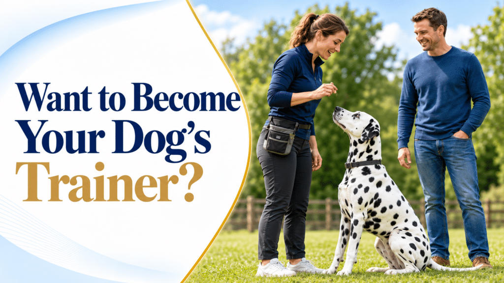 Dog trainer working with a Dalmatian while the owner watches, learning to train your own dog with an Irish dog trainer